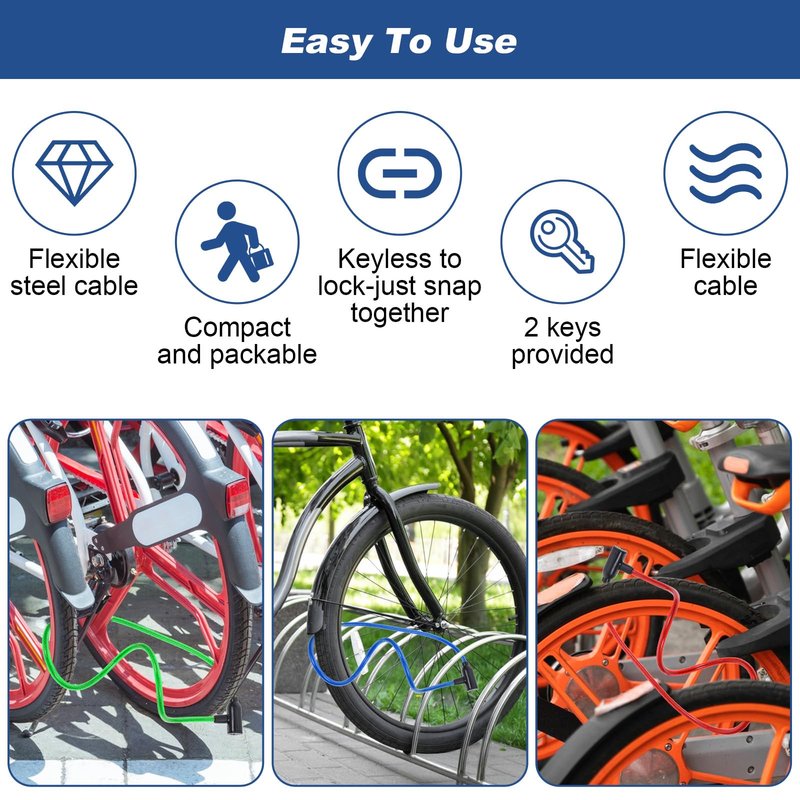 Afcabakila 10 Pcs Bike Lock Cable with Keys, Anti-Theft Steel Wire Bicycle Coiled Chain Lock ABS Shell 2 Keys for Scooter, Motorcycle, Gate, Resistant Heavy Duty Security Cable Locks 36.8 Inches