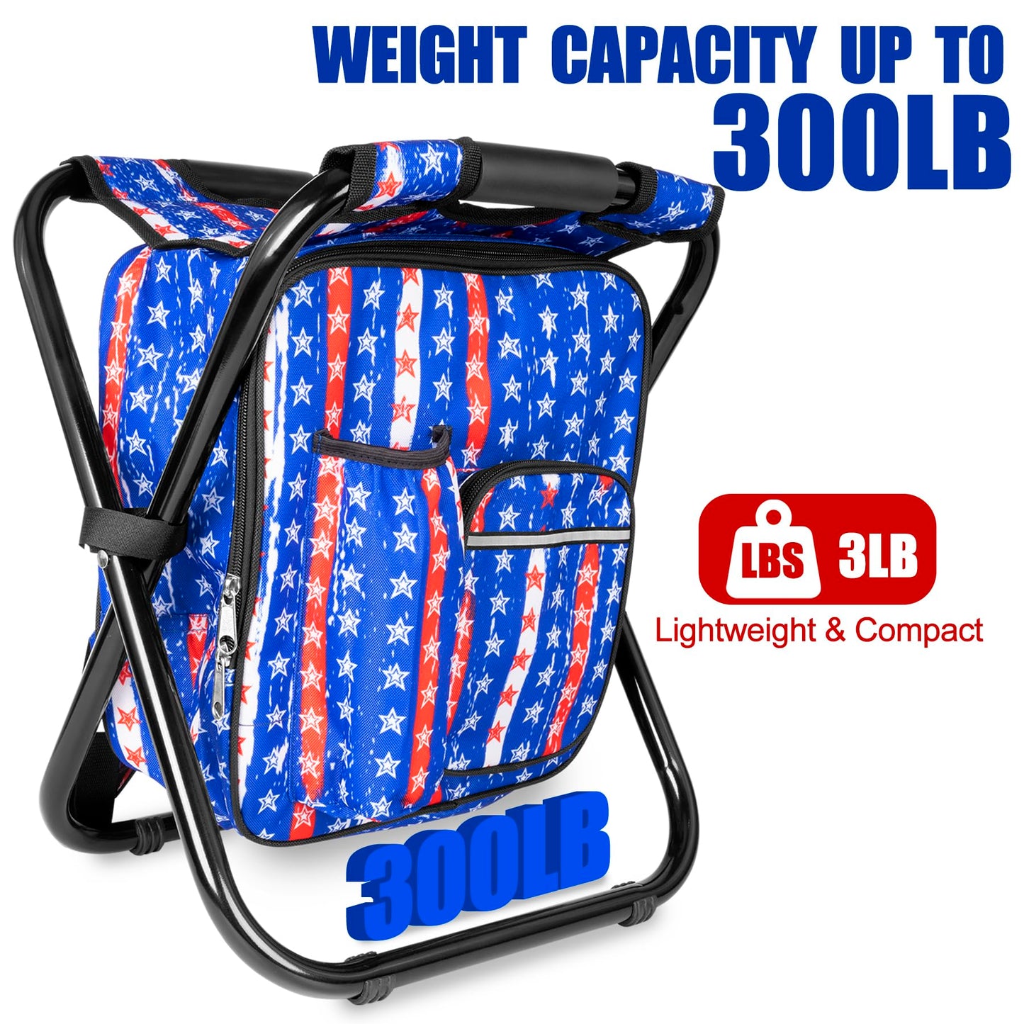 Kikerike Backpack Stool Cooler Chair Heavy Duty 300 LBS Max Load Portable Lightweight Stool Backpack Folding Fishing Cooler Seat for Camping Hunting Fishing - American Flag