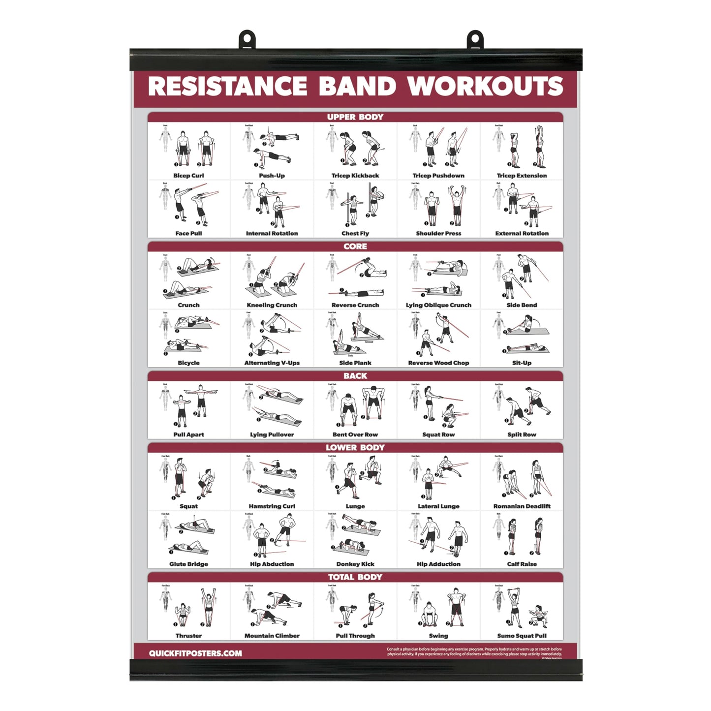 Palace Learning QUICKFIT Resistance Bands Workout Exercise Poster - Double Sided (Laminated with Plastic Frame, 18" x 24")