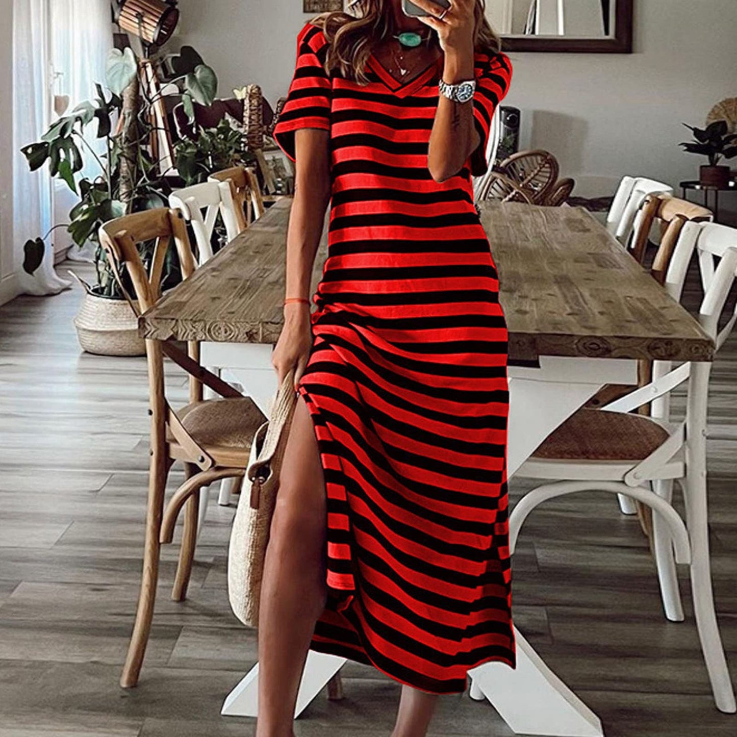 Willisos Maxi Dresses for Women 2024 Women's Summer Maxi Dress Loose Casual Long Dress Striped Short Sleeve Split Sundresses Red, Large