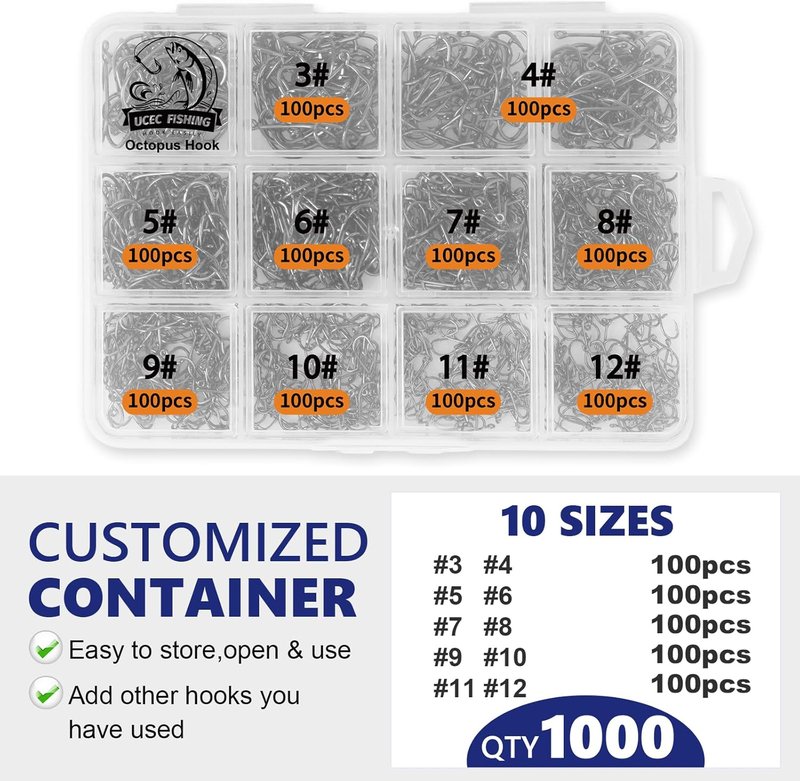 Octopus Fishing Hooks - Barbed Circle Hooks for Saltwater & Freshwater | 1000 PCS Sizes 1/0 to 12