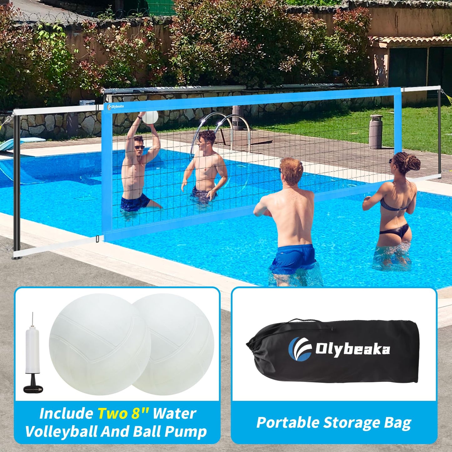 Olybeaka Length Adjustable 15ft-25ft Pool Volleyabll Net, Upgraded Sturdy Poolside Volleyball Net Set System with 2 Water Volleyballs, Pump and Hammer for Easy Installation (Blue)