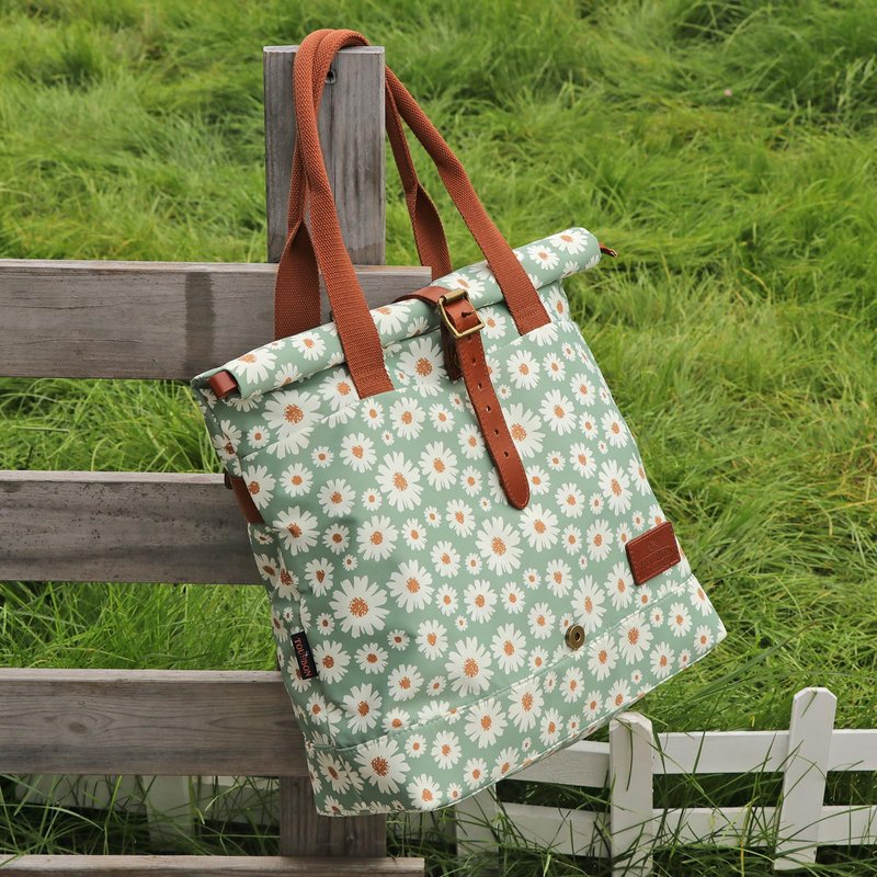 TOURBON Nylon and Leather Roll-top Clip-On Bicycle Panniers Women's Shoulder Tote Bag (Light Green with Flower)