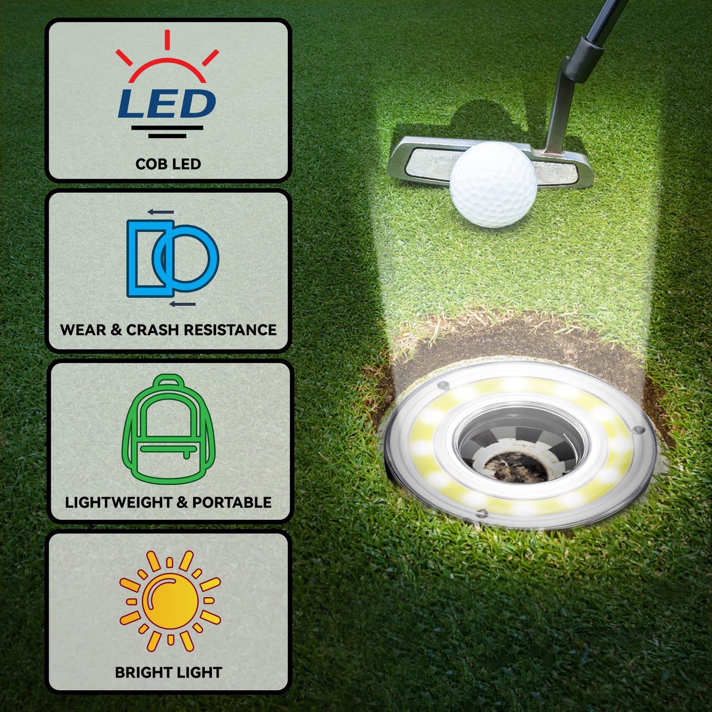Kailund Golf Hole Lights 5 Pack - Led Light with Carabiner, Light Up Glow Hole for Night Play, Luminous Glow Golf Cup Lights for Putting Green Flags and Poles