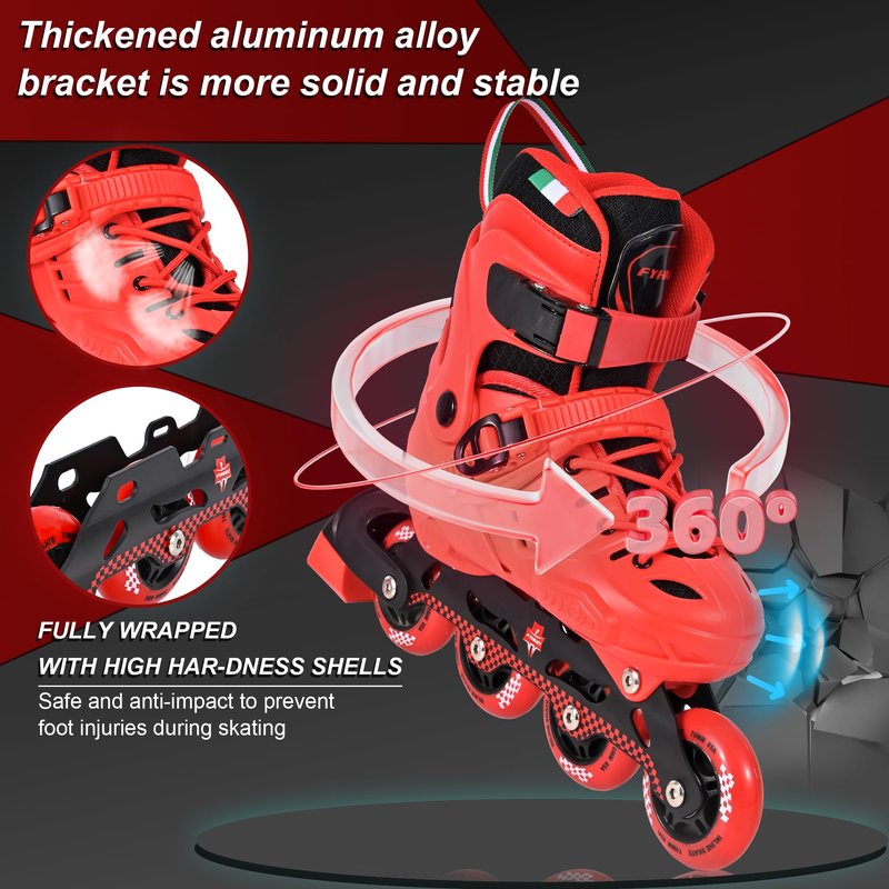 FYHART Adjustable Kids Inline Skates for Girls Boys with 8 Wheels, Kids Inline Roller Skates Blades for Youth Children Beginners Big Kids for Indoor Outdoor Playing (Red & Black, Large)
