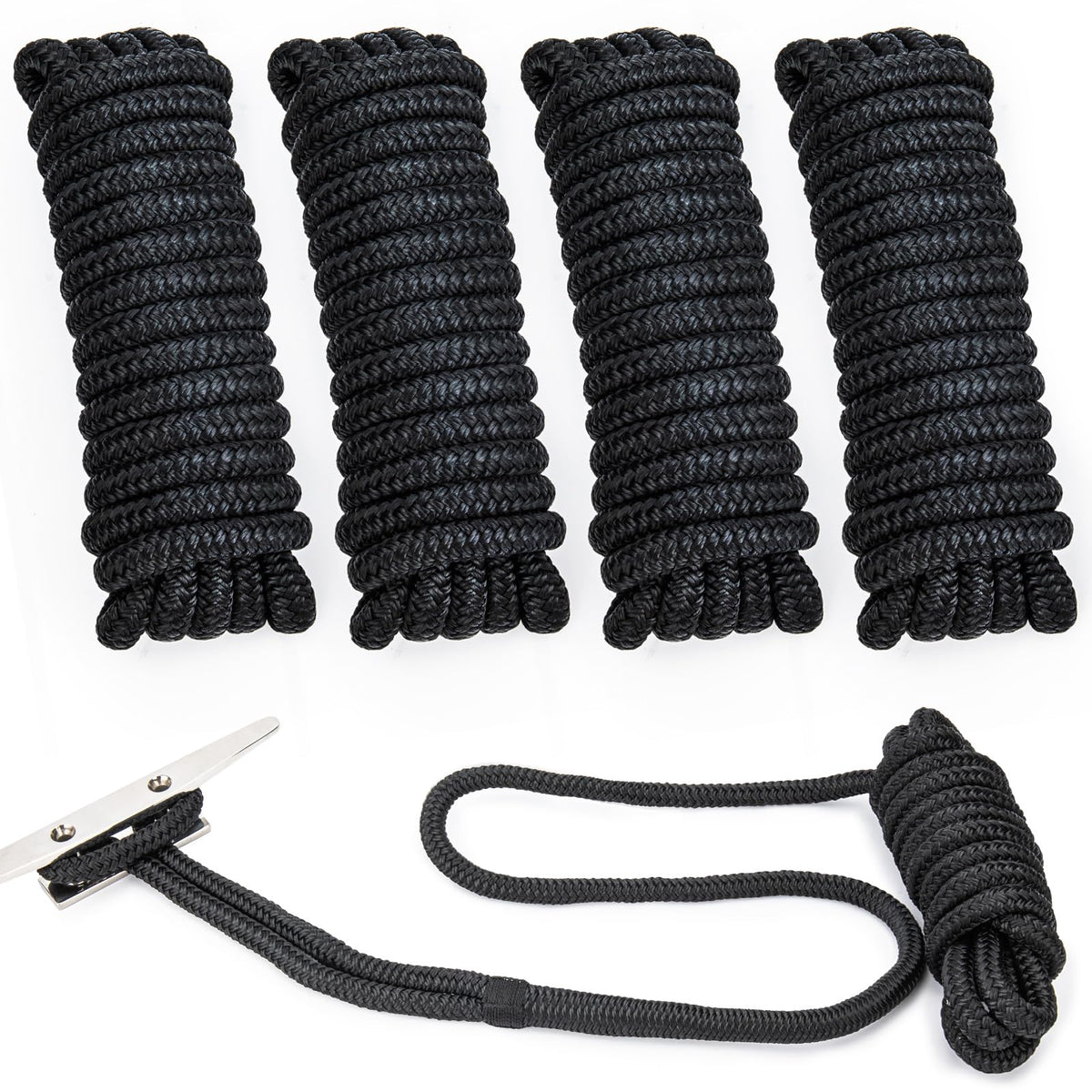 4 Pack 1/2" x 15’ Boat Dock Lines for Boat & Pontoon, Premium Marine- Grade Double Braided Nylon Dock Line, Pre-Spliced with a 12" Eyelet-Black,Boating Gifts for Men