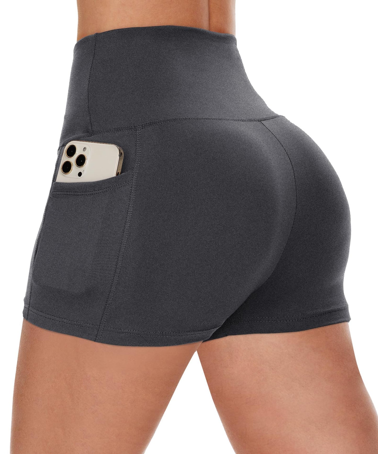CAMPSNAIL Biker Shorts Women with Pockets - 3"/5"/8" High Waisted Workout Spandex Tummy Control Gym Running Yoga Shorts Dark Grey-Heather