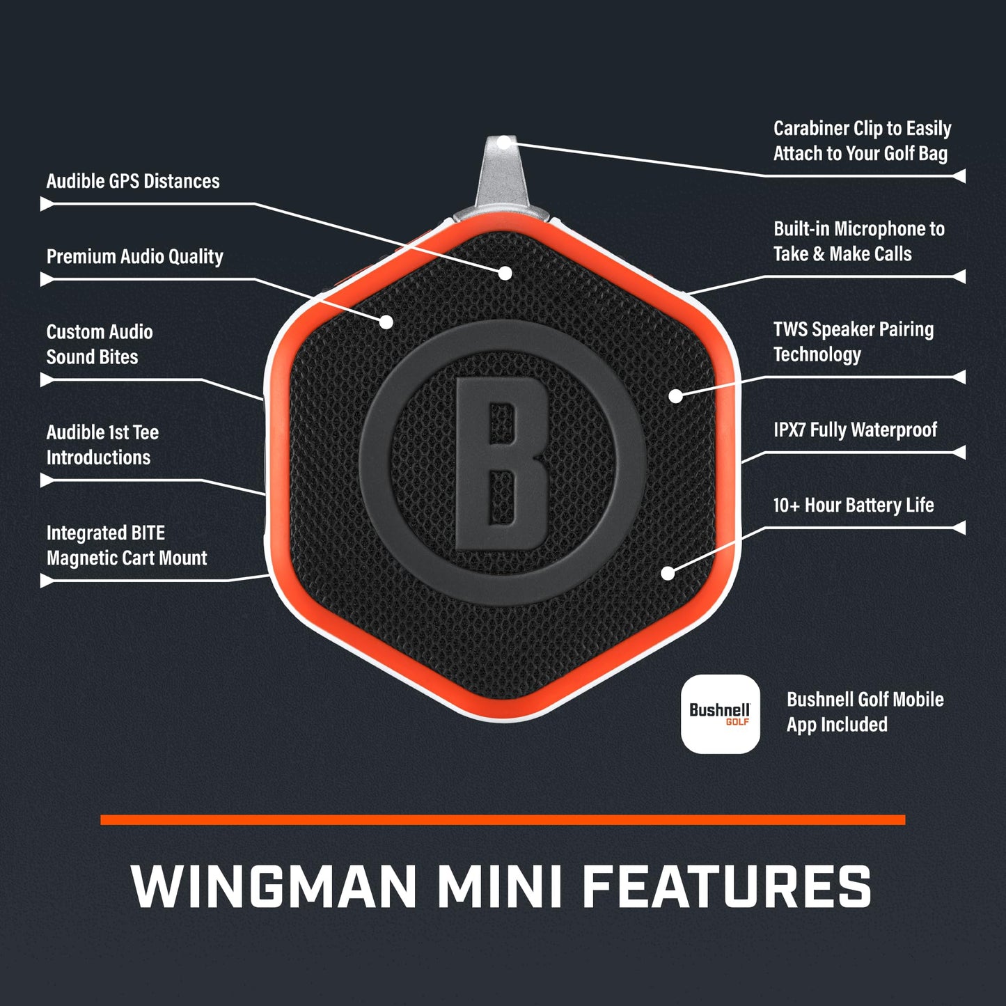 Bushnell Golf Wingman Mini GPS Speaker – Ultra Portable Bluetooth Golf Speaker with Audible Distances, Magnetic Cart Mount, Waterproof, 10Hr Battery & Carabiner, Orange