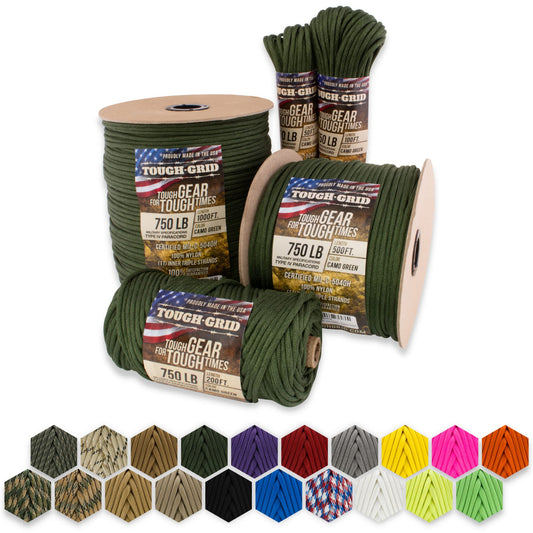 TOUGH-GRID Premium 750lb Paracord - 100% Nylon Type IV Mil-Spec - UV & Abrasion Resistant - Heavy Duty Strands - Outdoor Survival - Used by US Military - 50 ft - Camo Green