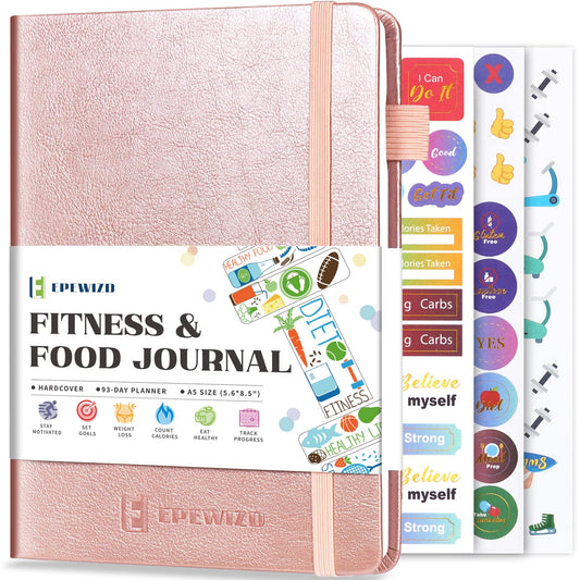 EPEWIZD Food and Fitness Journal Hardcover Wellness Planner Workout Journal for Women Men to Track Meal and Exercise Count Calories Weight Loss Diet Training Weight Loss Tracker Undated Home and Gym