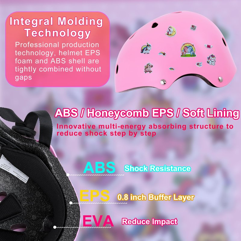 DINILEMU Kids Bike Helmet with DIY Stickers and Knee Pads Elbow Pads Wrist Guard Set for Ages 3-5-8 Toddler Boys Girls Helmet for Roller Skates Cycling Skateboarding Bicycle Scooter-Pink