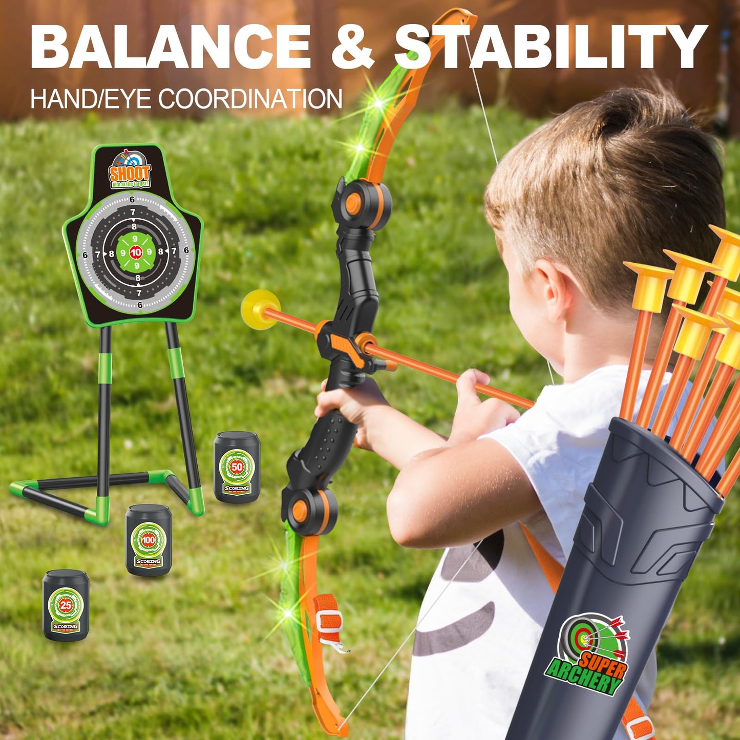 SpringFlower Bow and Arrow Toys for Kids, Archery Set Includes Super Bow with LED Lights, 10 Suction Cups Arrows,Archery Set with Standing Target and 3 Target Cans for Boys and Girls