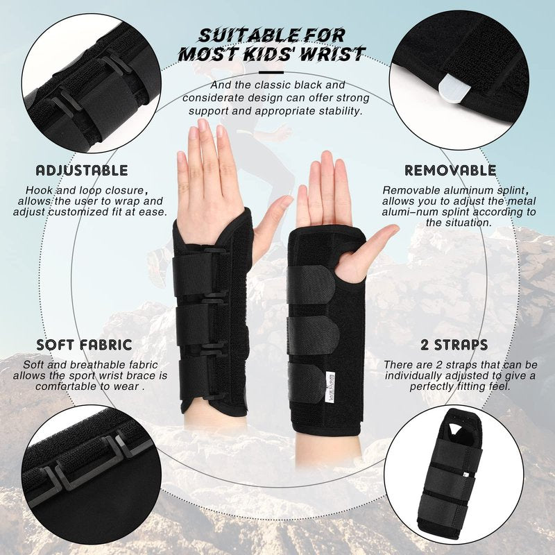 Konohan 2 Pcs Wrist Brace for Kids Youth Carpal Splints Wrist Brace Sports Night Support with Adjustable Compression Straps for Children Sleep(Black,Age 8-12)