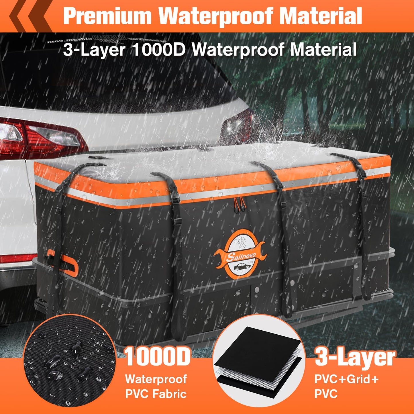 Sailnovo Hitch Cargo Carrier Soft Shell Bag Waterproof 20 Cubic Feet Cargo Bag for Hitch Carrier, PVC Trailer Hitch Storage Bag with 8 Reinforced Straps & Combination Lock & Storage Bag