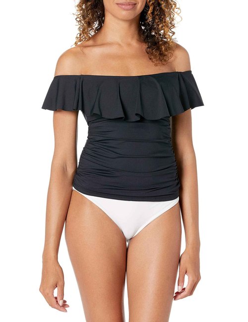La Blanca Women's Standard Island Goddess Off Shoulder Ruffle Tankini Swimsuit Top, Black, 0