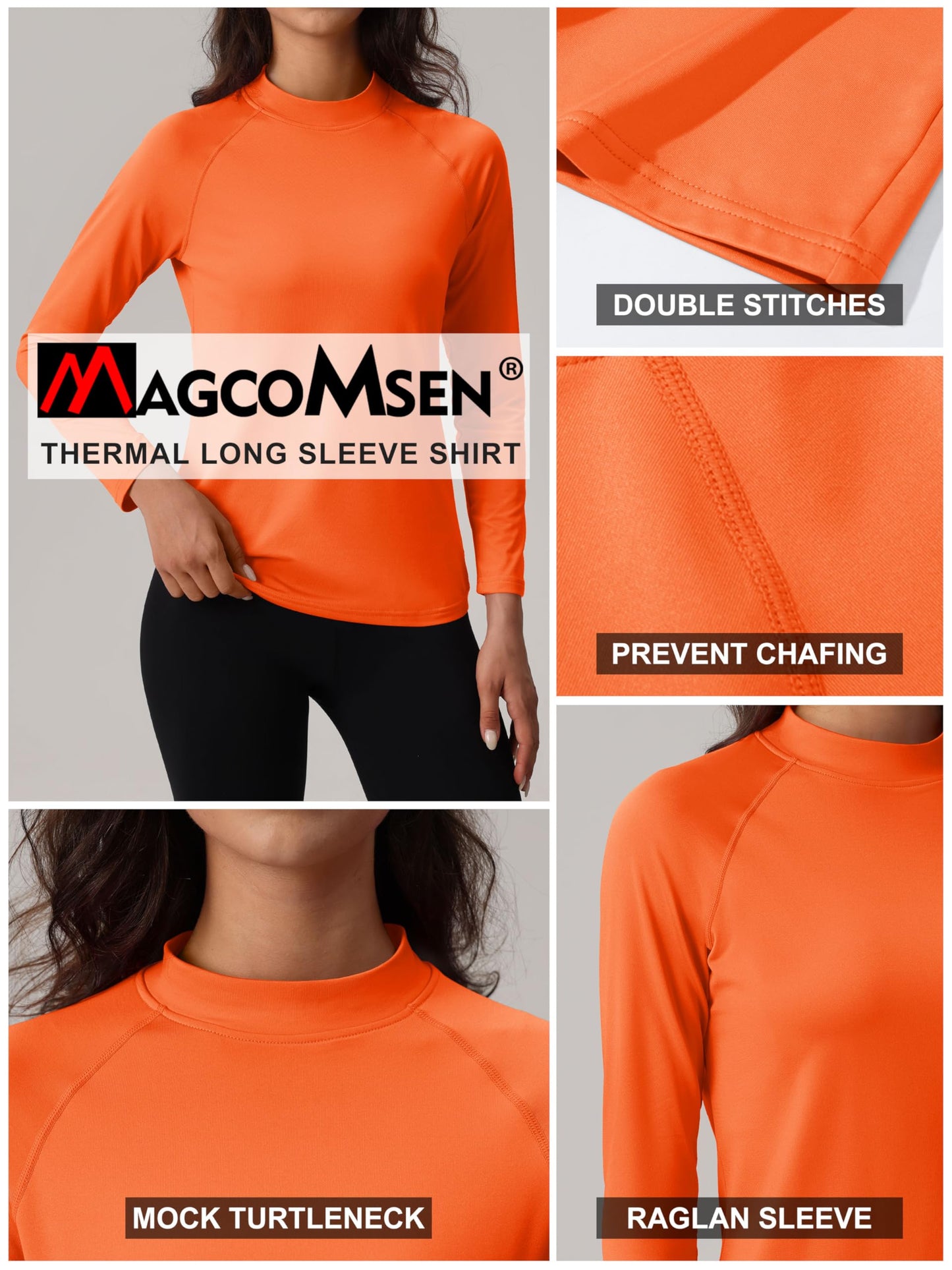 MAGCOMSEN Fitted Long Sleeve Shirt for Women Workout Fleece Top Thermal Underwear Mock Neck Winter Running Orange L