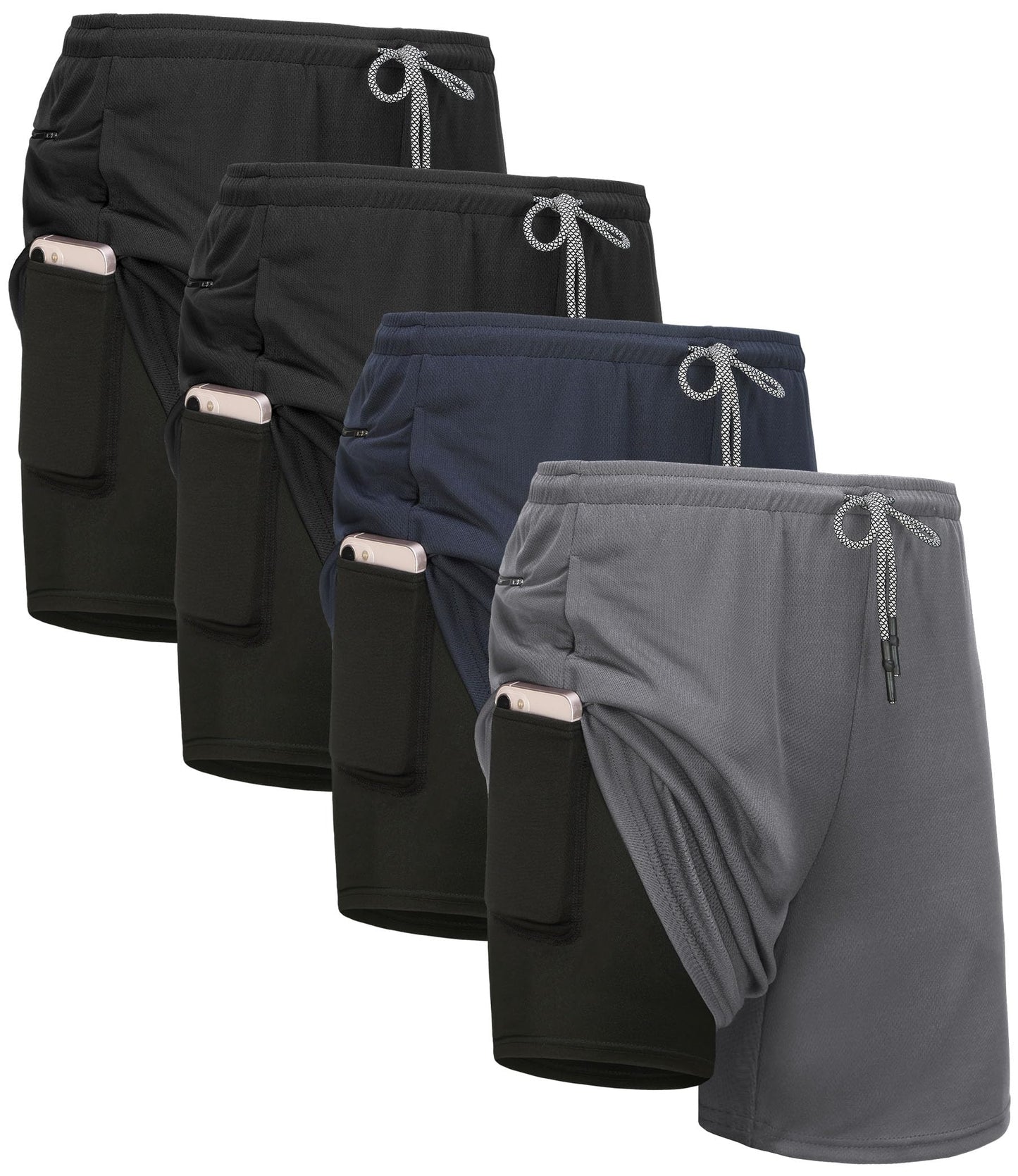Kinglaman 4 Pack Mens 2 in 1 Running Workout Shorts with Liner, Gym Athletic Quick Dry Sport Shorts with Pockets 2 Black 1 Blue 1 Gray Medium