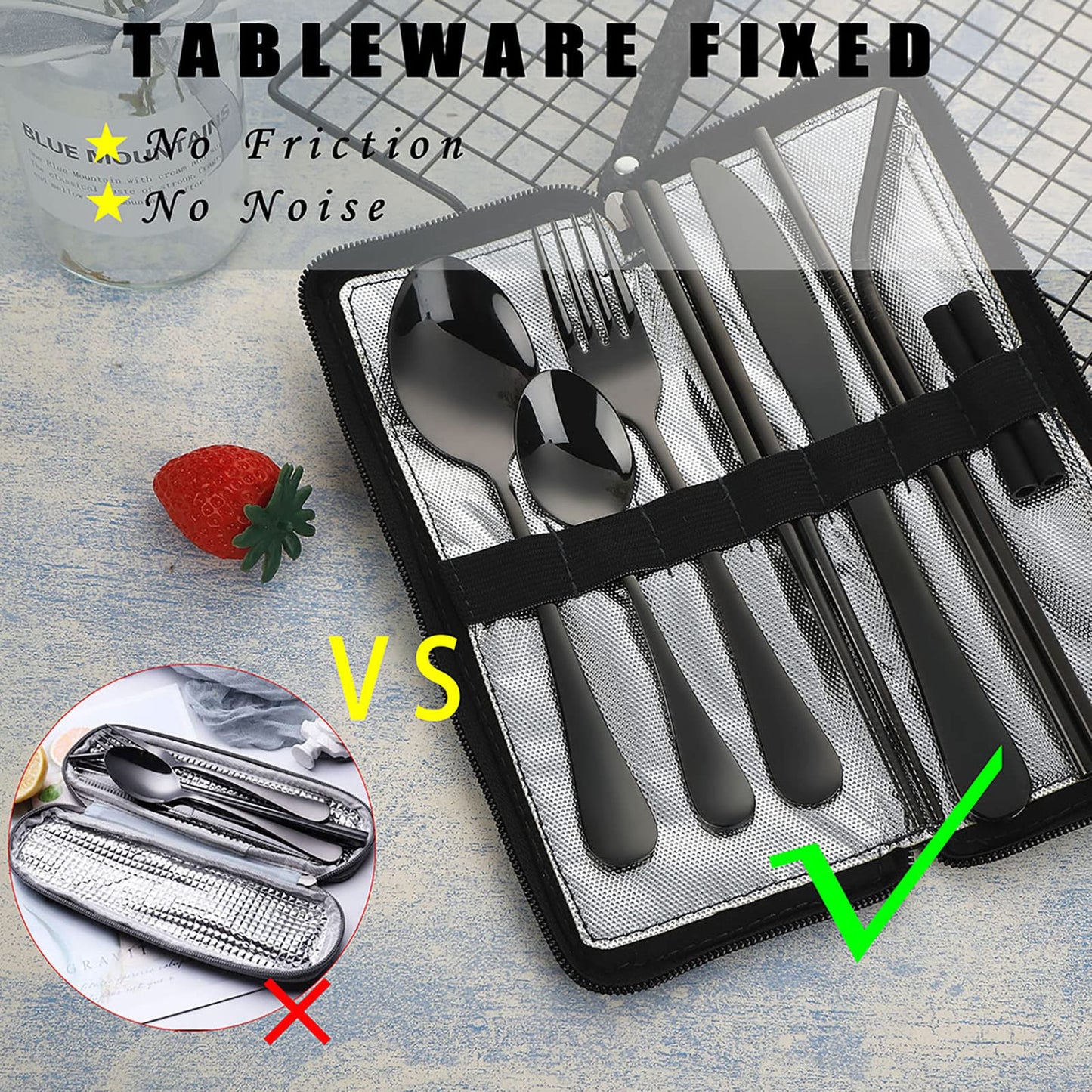 VANDBAO Portable Travel Utensils, Reusable Silverware with Case for Fixing Tableware, 9 Pieces Stainless Steel Stable Flatware Set, Camping Picnic Cutlery Set (Black Set)