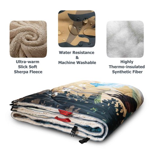 AZITREK Sherpa Puffy Outdoor Blanket for Camping, Traveling, Car, Picnics, Beach, Concert, Stadium Sporting Events - Wearable, Machine Washable, Soft, Warm, Waterproof - 55 X 78 (Yellowstone NP)