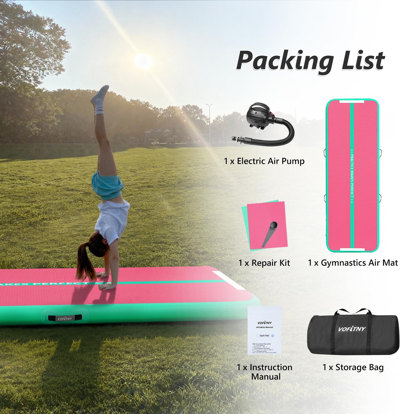 VOFiTNY All Purpose Gymnastics Air Mat 10’x3.3’x4’’ Sturdy Tumble Track for Home/Gym Pink/Green