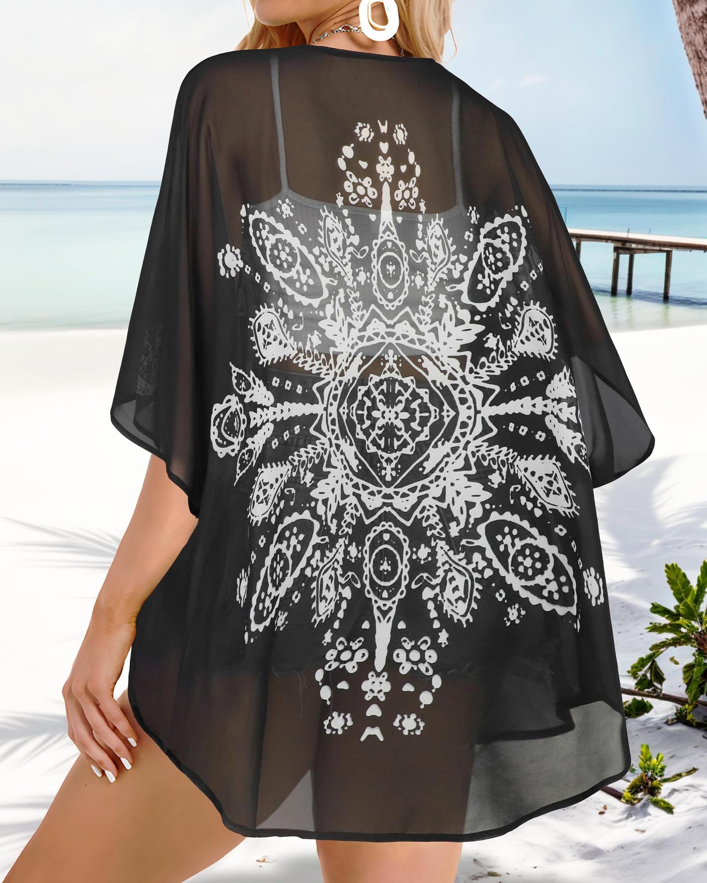 Women's Floral Kimono Cardigan Cover Up Casual Tops,Caftan Black,XL