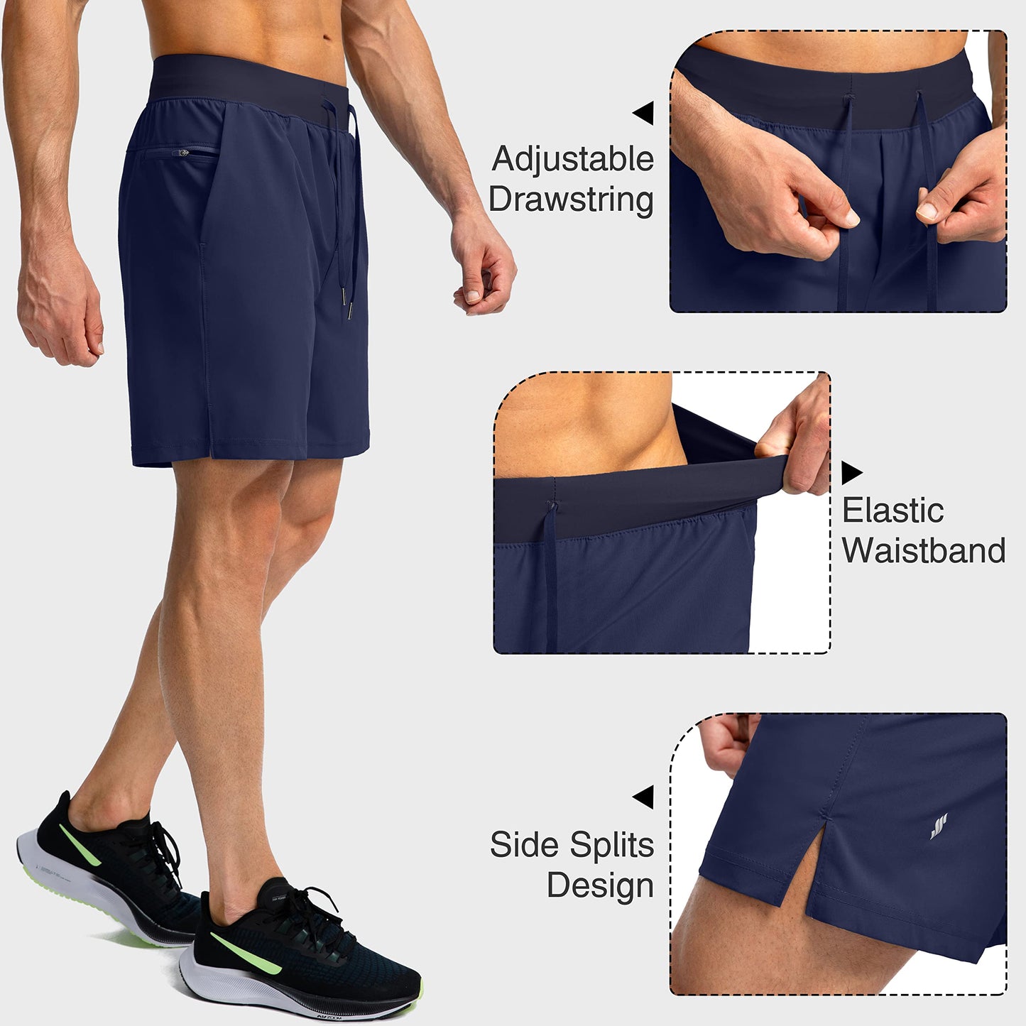 Soothfeel Men's Running Shorts with Zipper Pockets 7 Inch Lightweight Quick Dry Gym Athletic Workout Shorts for Men (Navy, 3XL)