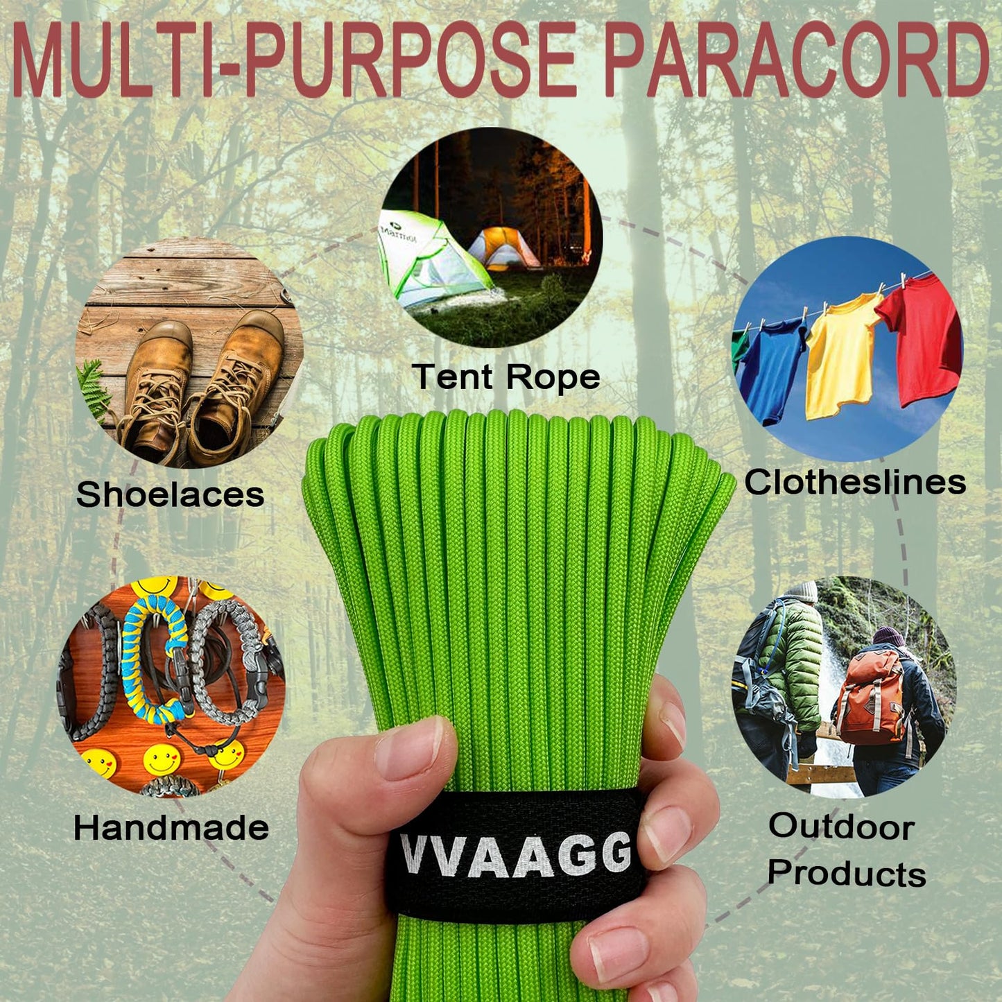 VVAAGG 550 Paracord Rope 100FT, 4mm Thin Tent Rope 550 Parachute Cord, Strong Long Nylon Rope, Outdoor Gear Camping Rope