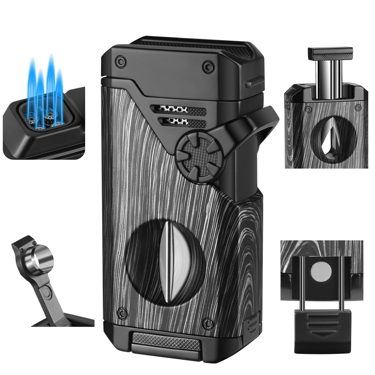 FLABOX 5-in-1 Torch Lighter with V Cutter Holder Punch and Draw Enhancer Tool,Four Windproof Jet Flame Multi-Functional Lighter,Refillable Butane Lighter with Gift Box for Men Black,Without Butane