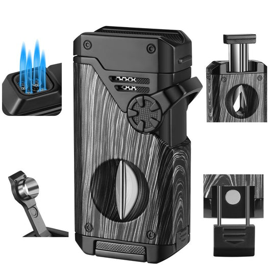 FLABOX 5-in-1 Torch Lighter with V Cutter Holder Punch and Draw Enhancer Tool,Four Windproof Jet Flame Multi-Functional Lighter,Refillable Butane Lighter with Gift Box for Men Black,Without Butane