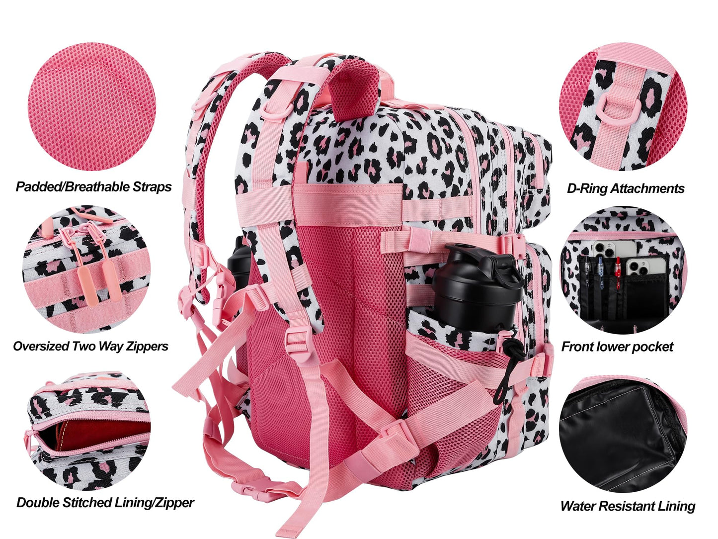 LHI Military Tactical Backpack for Men and Women 45L Army 3 Days Assault Pack Bag Large Rucksack with Molle System - Pink Leopard