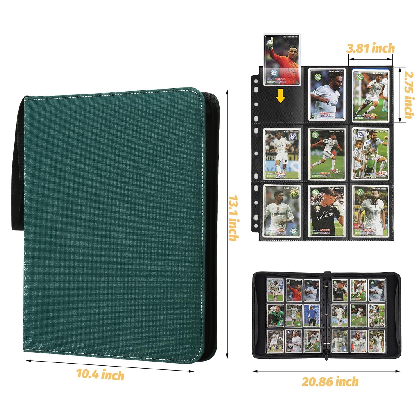 GERMUN 3 Ring 9 Pocket Zipper Card Binder, 720 Double Sided Standard PU Trading Card Album Folder for TCG & Sports Cards, Not Fit Top Loaders (Dark Green2)