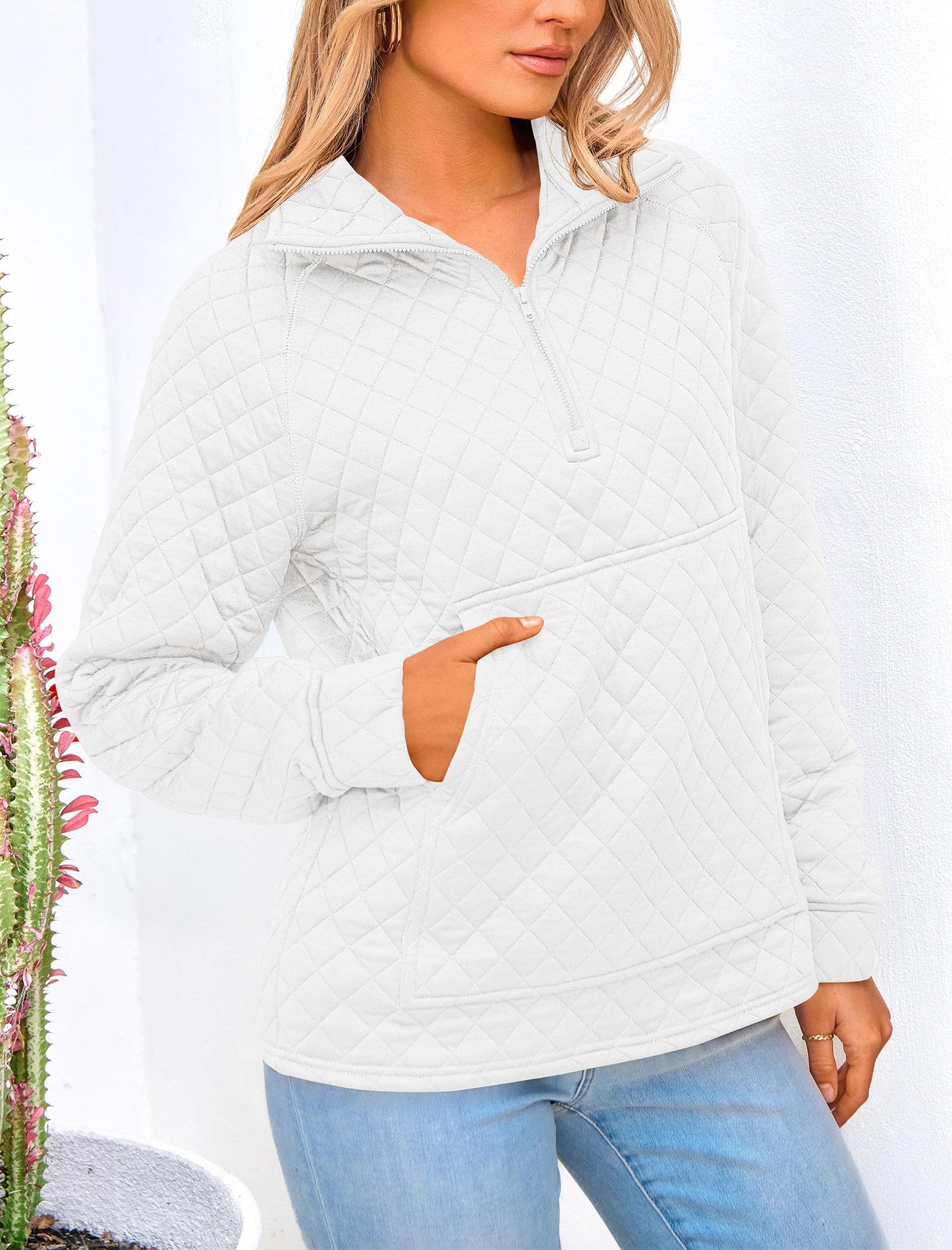 PRETTYGARDEN Women's Winter Quilted Sweatshirt Casual Quarter Zip Collared Long Sleeve V Neck Pullover Tops (White,Large)