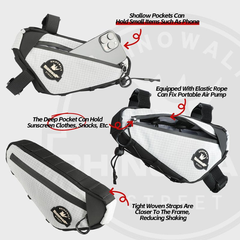 Rhinowalk Bike Frame Bag Waterproof Triangle Frame Storage Bag with Cable Port 1L Lightweight Bicycle Bag for Road Bike MTB Gravel Bike Compact Cycling Accessory with Pump Strap (Black)