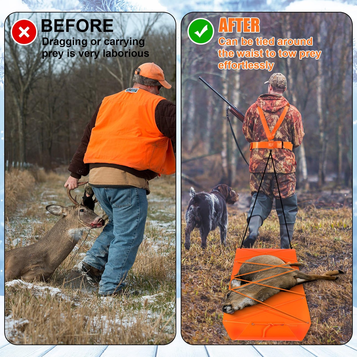 WinnerWhy 2 Set Thickened Tear-Resistant Deer Drag Sled Game Glide Heavy Duty Deer Cart Game Hauler for Hunting with Storage Bag, 2 Dual Harness Elk Drag with Rope for Hauling Elk Turkeys