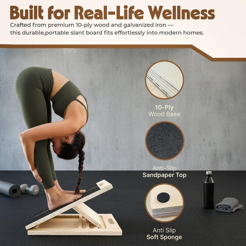 Adjustable Wooden Slant Board for Calf Stretching, Squats & Physical Therapy – Portable Incline Stretch Board for Ankle, Knee, Heel & Foot Mobility with 2 Extra Sand Papers, Carry Bag & Mini Loop Band