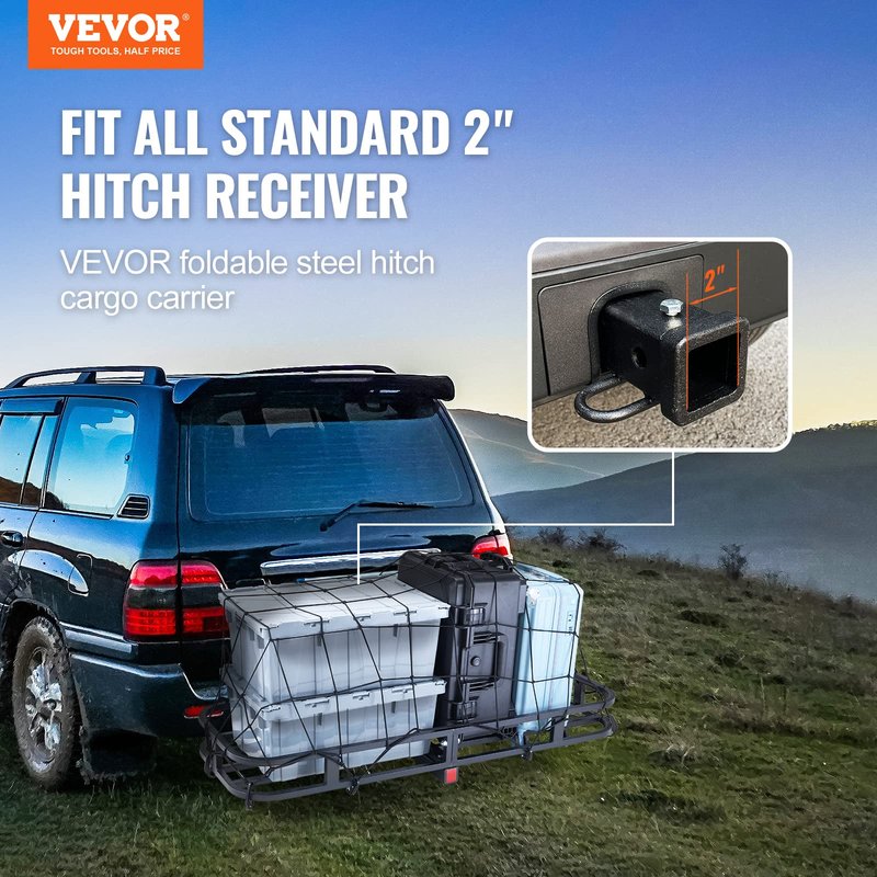 VEVOR 53 x 19 5 in Hitch Cargo Carrier, 500lb Capacity Trailer Mount Basket, Steel Luggage Carrier Rack Fits 2'' Receiver for SUV Truck Pickup with Net, Stabilizer, Straps, Black