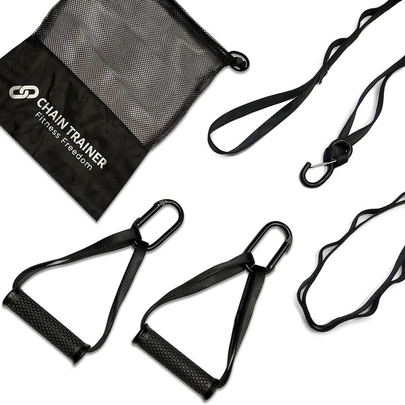 Chain Trainer Basic - Multi-functional Basic Fitness Freedom Workout Equipment: 2 Daisy Chain Straps, 2 Ergonomic Handles with Carabiners, 1 Door Anchor, 1 Mesh Drawstring Travel Bag, Black
