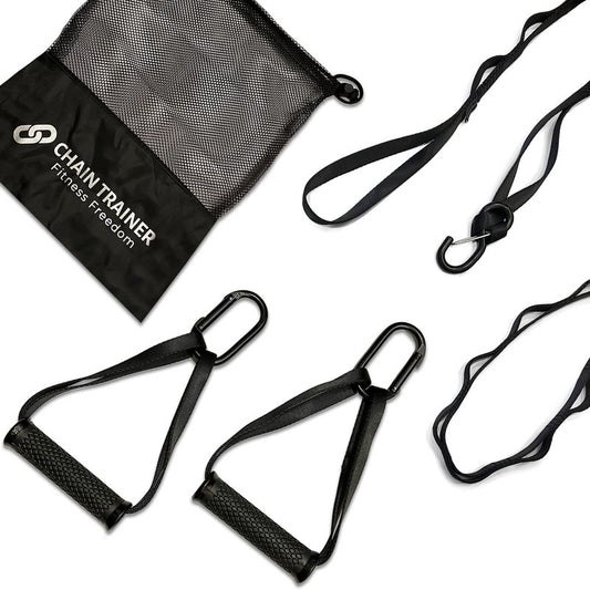 Chain Trainer Basic - Multi-functional Basic Fitness Freedom Workout Equipment: 2 Daisy Chain Straps, 2 Ergonomic Handles with Carabiners, 1 Door Anchor, 1 Mesh Drawstring Travel Bag, Black