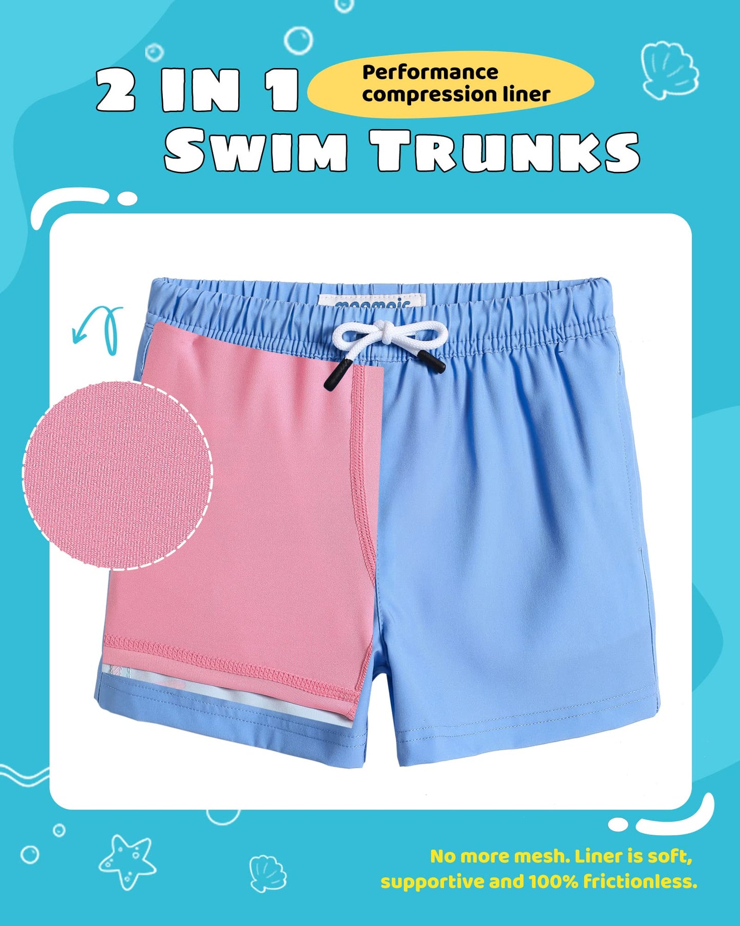 maamgic Boys Swim Trunks with Compression Liner Toddler Stretch Swim Shorts Quick Dry Swimming Trunks Boxer Brief 2 in 1 Beach Shorts Grey Blue Pink 8