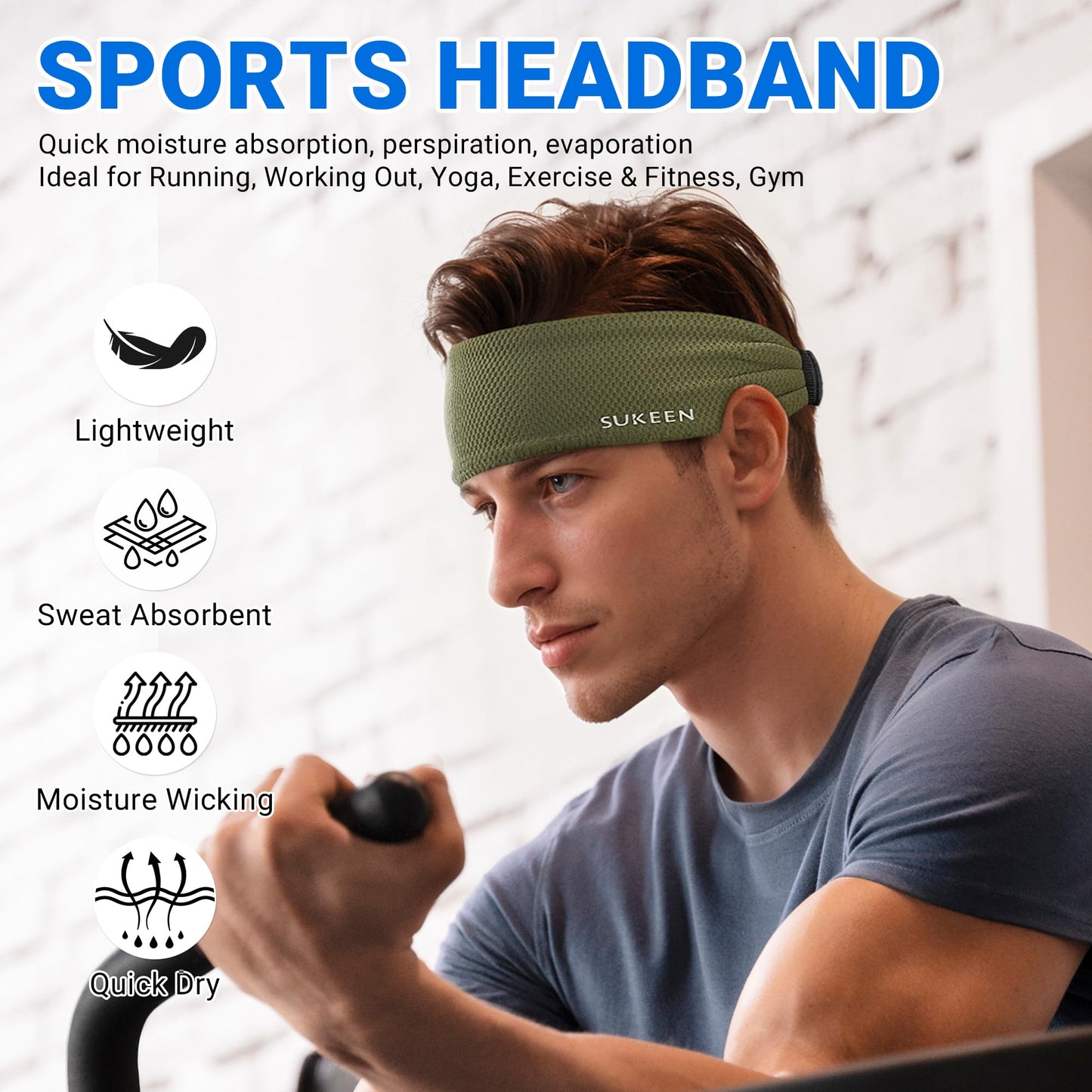 Sukeen Workout Headbands for Men, Sweat Bands Sweatbands Headbands for Women, Moisture Wicking Sports Headbands, Non Slip Stretch Cooling Headband for Running, Gym, Yoga, Black, Dark Gray, Dark Green