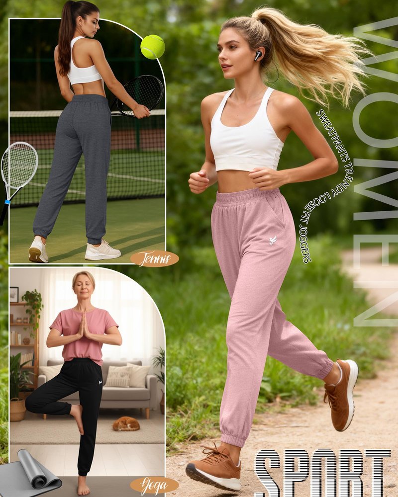 Ficerd 3 Pack Women's Sweatpants Loose Fit Joggers Elastic Tapered Leg Pants Athletic Baggy Lounge Trousers with Pockets(L,Black, Dark Gray, Pink)