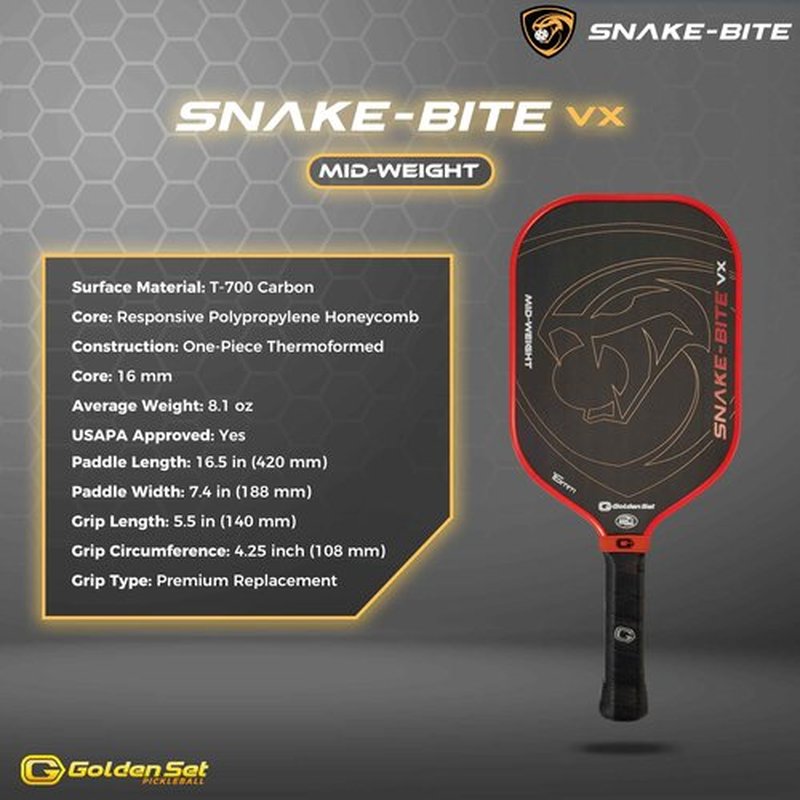 Golden Set Snake-Bite VX Pickleball Paddle | Thermoformed | T-700 Carbon Fiber | Mid-Weight | USAP Approved (1)