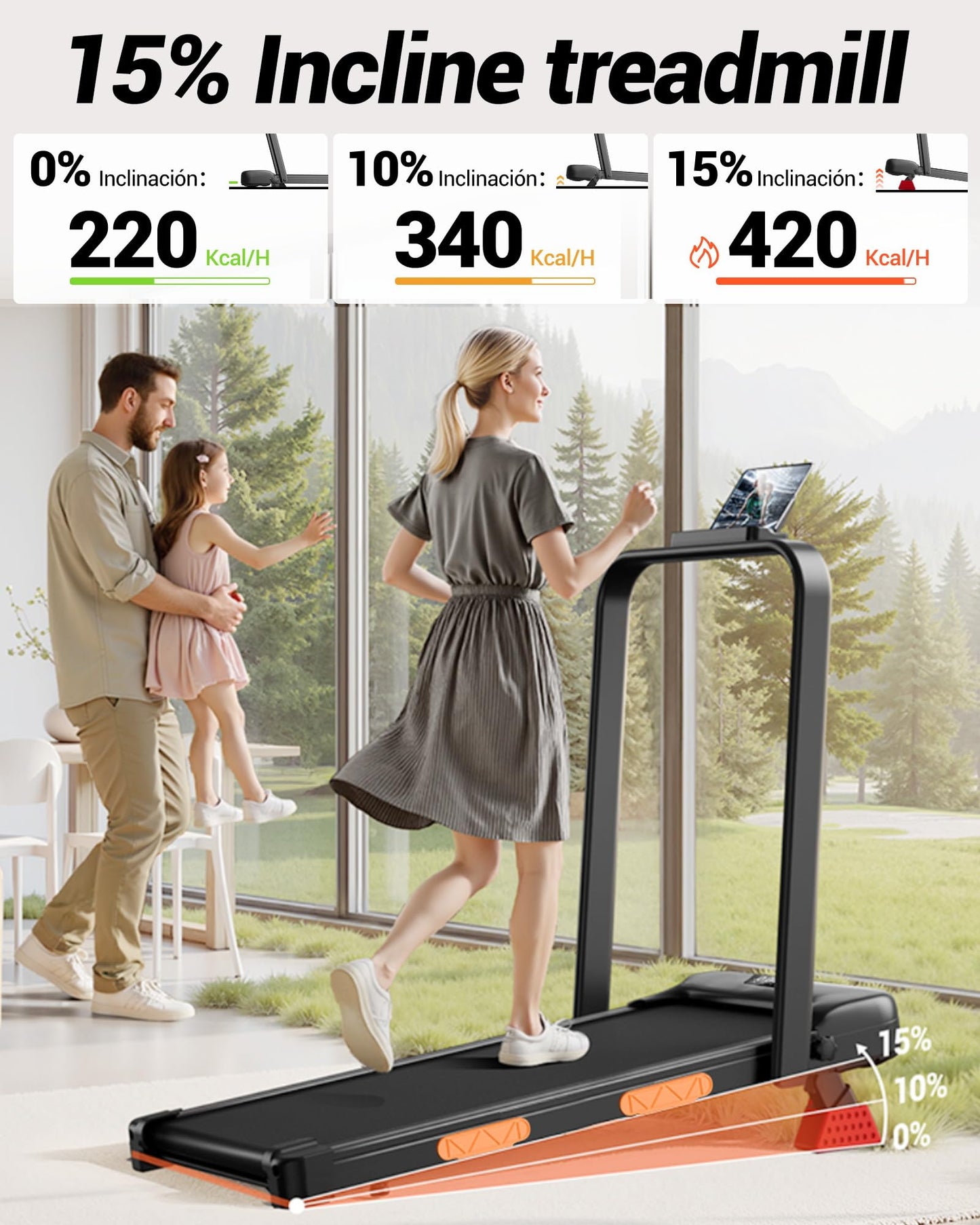 Walking Pad Treadmill with Handle Bar - 2.5HP Quiet Folding Treadmill for Home Office Under Desk Portable Walking Pad with 15% Incline 300LBS Capacity