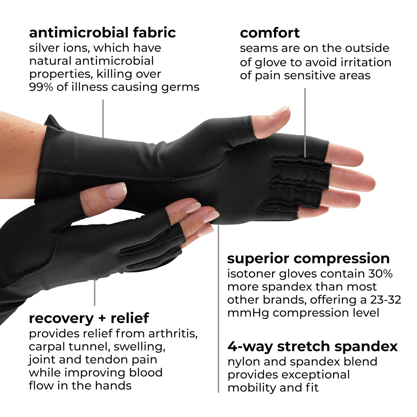 isotoner unisex adult One Pair of Open Finger arthritis gloves, Black, Medium US