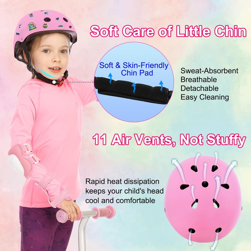 DINILEMU Kids Bike Helmet with DIY Stickers and Knee Pads Elbow Pads Wrist Guard Set for Ages 3-5-8 Toddler Boys Girls Helmet for Roller Skates Cycling Skateboarding Bicycle Scooter-Pink