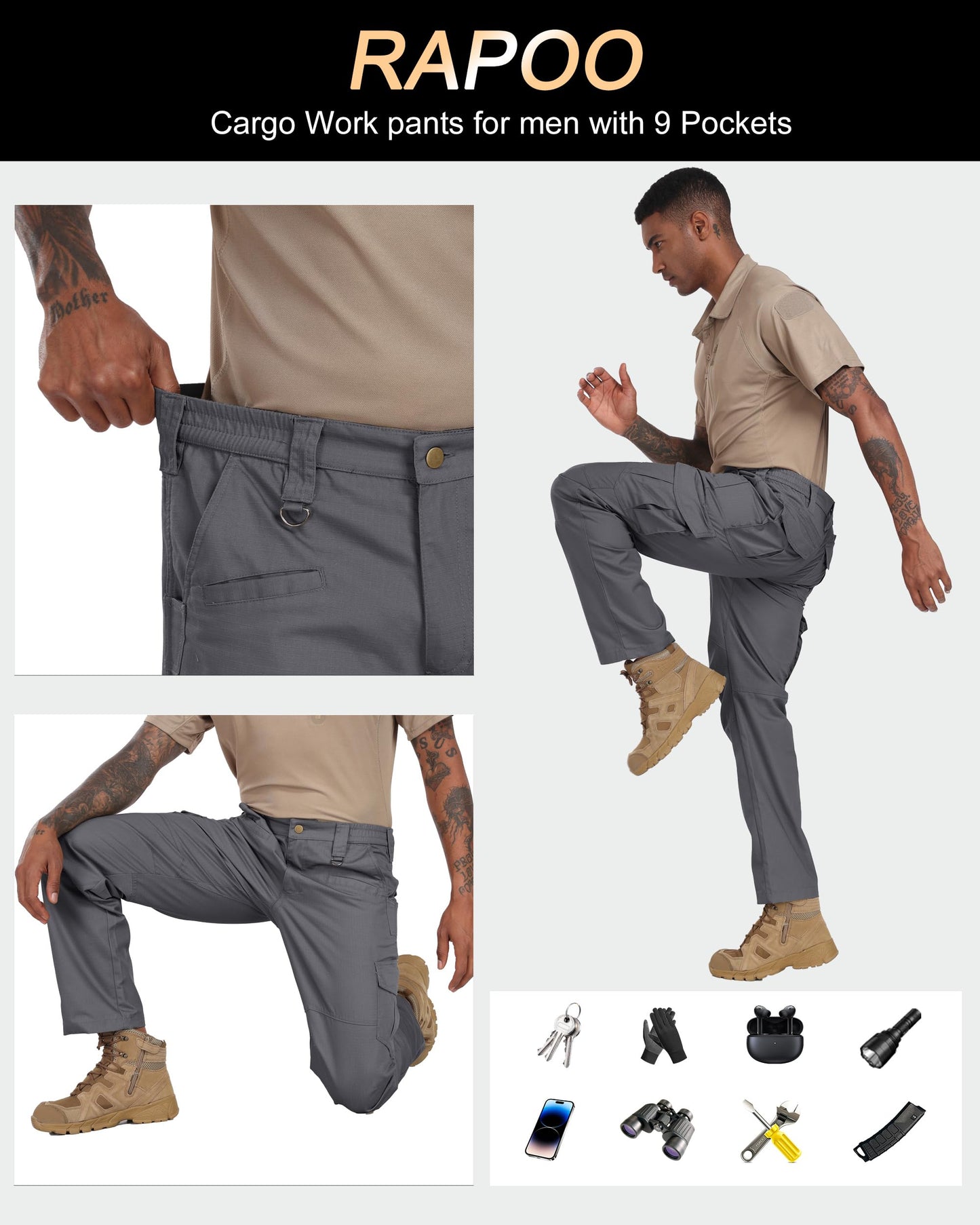 Rapoo Cargo Hiking Tactical Pants for Men Waterproof Work Military Army Casual Pants for Men with Pockets Mens Ripstop Construction Carpenter Hunting Outdoor Pants Outdoor Grey 34Wx32L