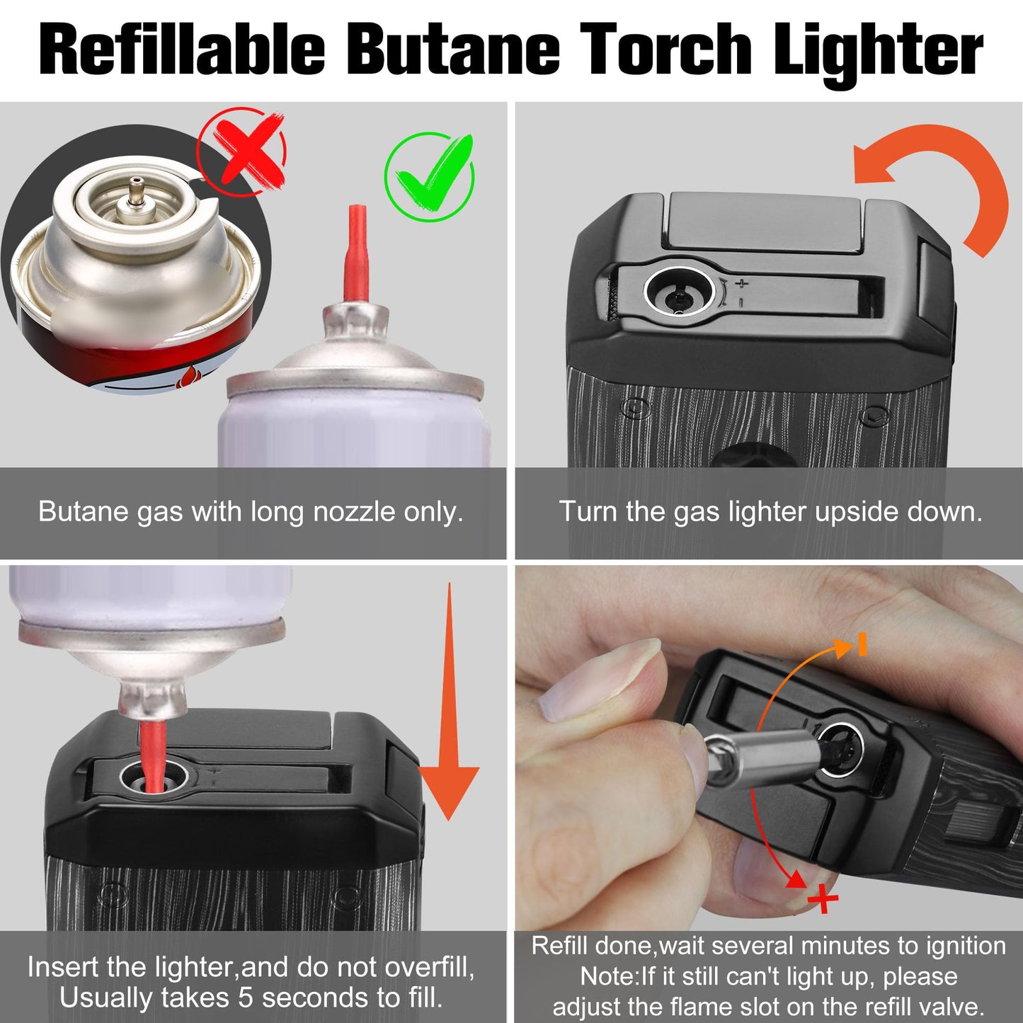 FLABOX 5-in-1 Torch Lighter with V Cutter Holder Punch and Draw Enhancer Tool,Four Windproof Jet Flame Multi-Functional Lighter,Refillable Butane Lighter with Gift Box for Men Black,Without Butane