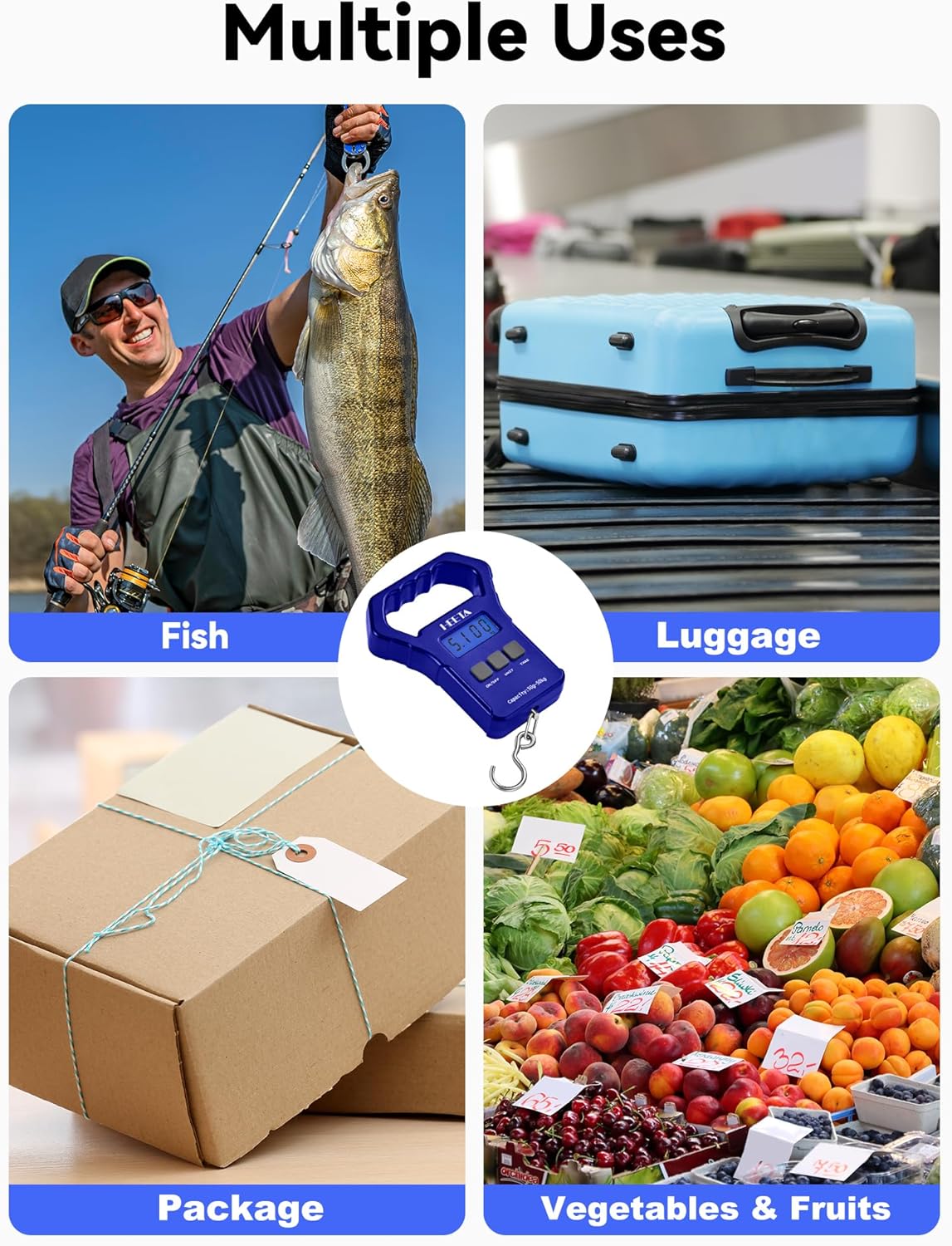 Digital Fishing Scale - 110lb/50kg Portable Hanging Weight Scale with Backlit LCD Display | Non-Slip Handle & Hook