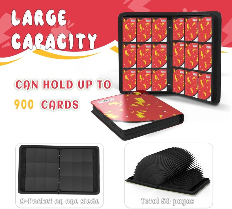 Trading Card Binder - 9 Pocket Album with 50 Removable Sleeves | Red 3-Ring Zip Design for TCG & MTG Collectibles