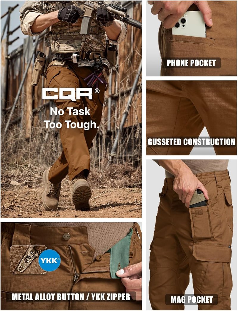 CQR Men's Tactical Pants - Water Resistant Ripstop Cargo Design | Lightweight EDC Work & Hiking Wear